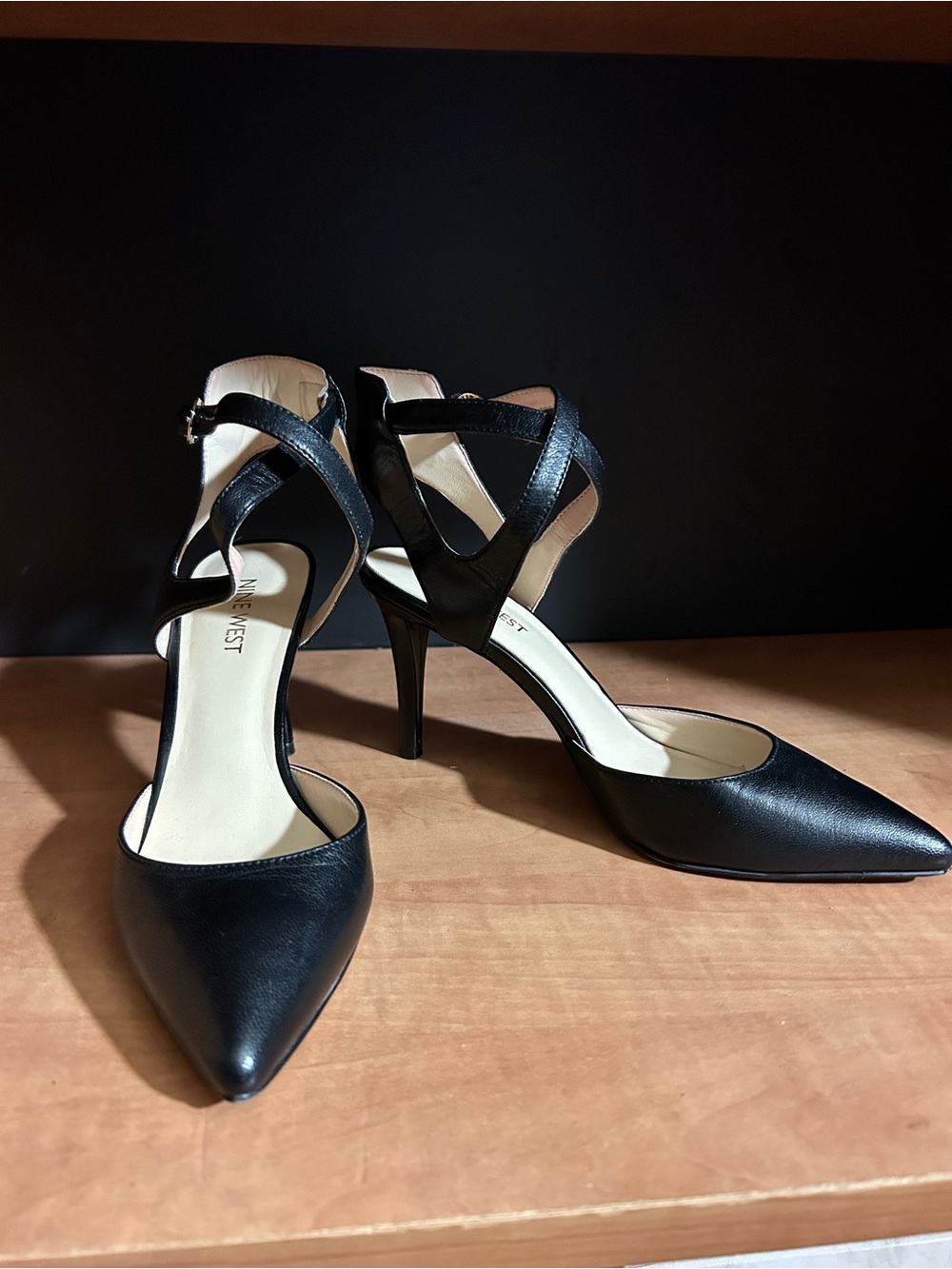 Nine West Black Leather Pointed-Toe Crisscross Strap Heels